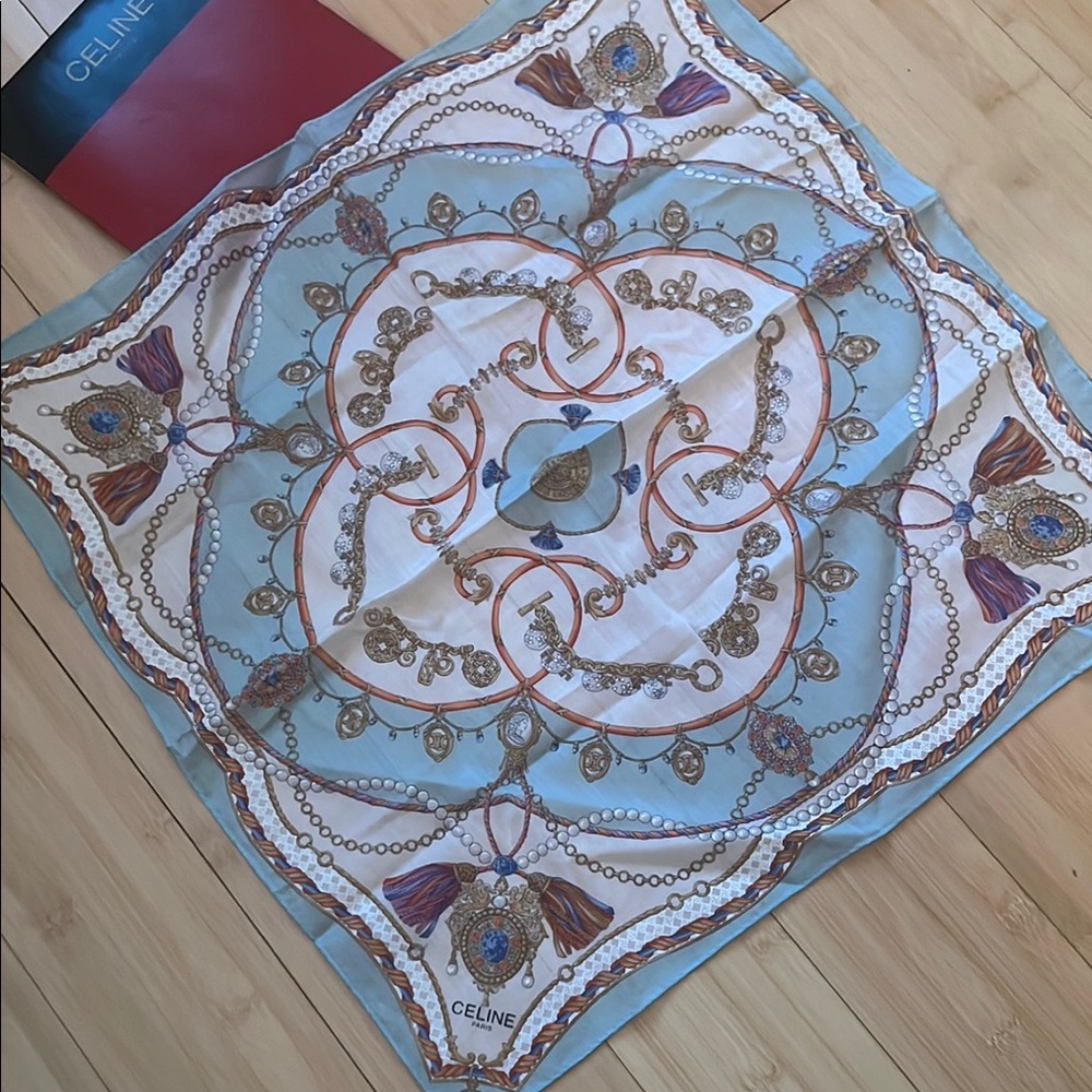 Celine Blue and Gold Silk Scarf 18”x18” - Picture 8 of 8